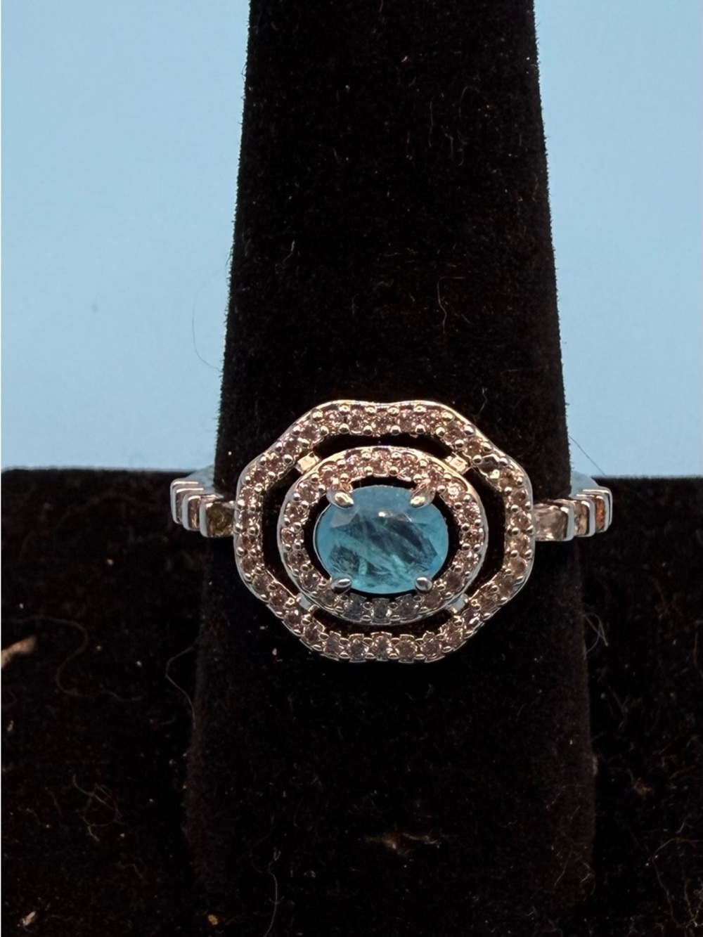 Sterling Silver Blue Halo Ring with Round Blue Center Stone